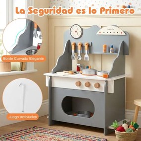 Cozinha de brincar em madeira para crianças 52 x 29,5 x 71 cm com relógio, fogão, prateleira, especiarias, torneira, lava-louças e forno para maiores