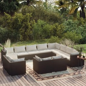 vidaXL 12 pcs conjunto lounge de jardim c/ almofadões vime PE preto