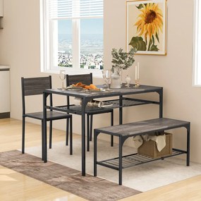 Conjunto de mesa, 2 cadeiras e um banco de jantar, com estrutura em metal e prateleira moderna para sala de jantar e cozinha cinza