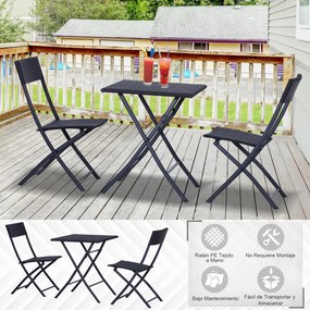 Conjunto de Jardim de Vime 3 peças Dobráveis Jogo de Mesa 60x60x72cm e