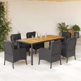 7 pcs conjunto de jantar p/ jardim c/ almofadões vime PE preto