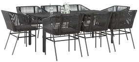 Conjunto de jantar jardim 9 peças almofadas vidro vime PE preto