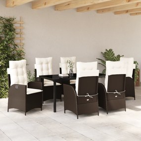 Conjunto de Jantar de Jardim 7 Peças com Almofadas Castanho Rattan Pol