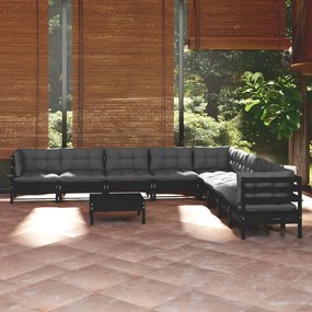 vidaXL 10 pcs conjunto lounge jardim c/ almofadões pinho maciço preto
