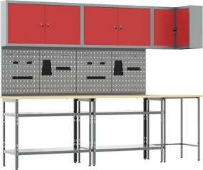 vidaXL Conjunto de Armários de Trabalho Manual 10 pcs Vermelho e Cinza