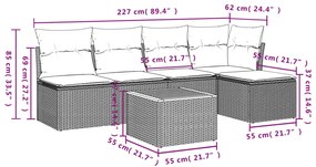 6 pcs conjunto sofás de jardim com almofadões vime cinzento
