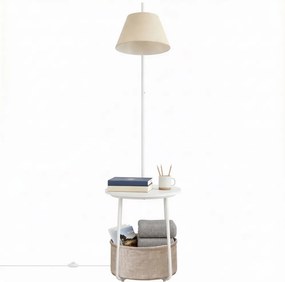 Mesa de cabeçeira com candeeiro de pé LED, prateleira e cesto de tecido, estrutura em aço, branca