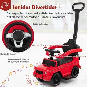 Carro de passeio 3 em 1 para crianças com capota ajustável, alça para os pais, barra de apoio para os braços, som de motor e buzina vermelho