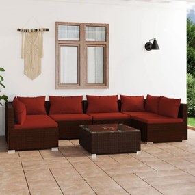 vidaXL 7 pcs conjunto lounge jardim c/ almofadões vime PE castanho