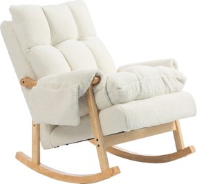 HOMCOM Poltrona de balanço com bolsos laterais, revestimento Snow-Flannel e pés em madeira de seringueira, creme | Aosom Portugal