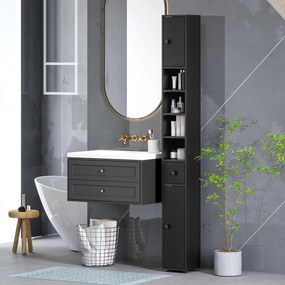 Coluna Casa de Banho Estreita  20x20x180 cm com 1 Gaveta 4 Prateleiras Abertas e Prateleiras Ajustáveis Preto
