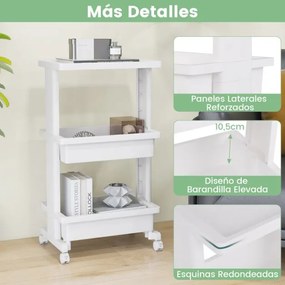 Carrinho de cozinha, Casa de banho 3 níveis com rodas para mesa utilitária de plástico 45 x 30 x 81 cm Branco