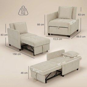 Poltrona-cama de 1 lugar, poltrona-cama clic-clac 4 em 1 com estofo em chenille, encosto ajustável, assento largo, bege