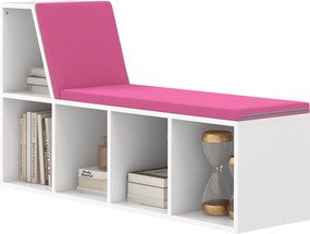Banco-biblioteca 2 em 1 com 5 compartimentos de arrumação e 2 almofadas, 108 x 30 x 60 cm, branco e rosa