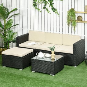 Outsunny Conjunto de Móveis de Vime de Jardim 3 Peças Conjunto de Móveis de Vime Exterior Sofá de 3 Lugares com Almofadas Acolchoadas Mesa de Centro com Bancada de Vidro Temperado e Banco Preto e Bege