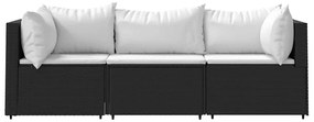 3 pcs conjunto lounge de jardim c/ almofadões vime PE preto