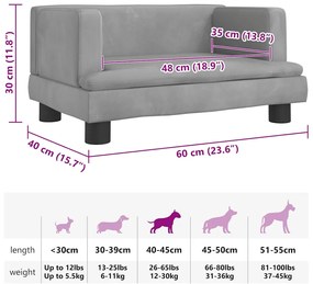 Cama para cães 60x40x30 cm veludo cinzento-claro