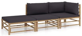 3 pcs conj. lounge jardim em bambu c/ almofadões cinza-escuro