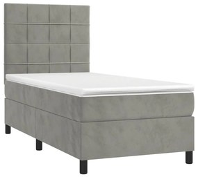 Cama box spring c/ colchão/LED 90x200 cm veludo cinzento-claro