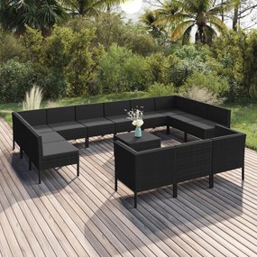 vidaXL 14 pcs conjunto lounge de jardim c/ almofadões vime PE preto