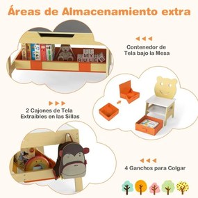 Conjunto de Mesa e 2 cadeiras infantil Secretária 5 em 1 com superfície reversível Quadro branco e preto 4 ganchos Compartimentos Natural