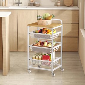 Carrinho de cozinha com vários níveis e cestos extraíveis 31,7 x 40 x 76 cm Branco