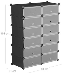 Armário sapateira de plástico arrumação 12 compartimentos preto, portas semi-transparentes