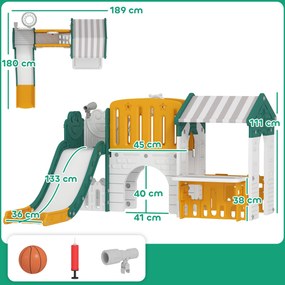 Escorrega Infantil 7 em 1 com Casinha para Crianças com Aro de Basquetebol Túnel Quadro Telescópio 189x180x111 cm Amarelo e Verde