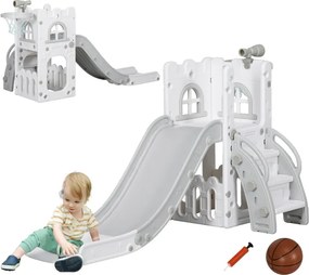 Escorrega Infantil 5 em 1 para Crianças com Cesto de Basquetebol Telescópio Escalador e Cesta Inferior 70x177x92 cm Branco e Cinza