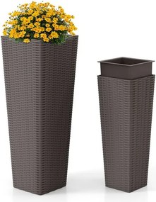 Conjunto de 2 vasos jardim em rattan, 2 peças, vasos grandes para exterior com orifícios de drenagem removíveis, Café
