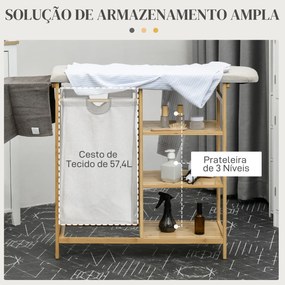 Cesto de Roupa Suja 57,4 L com Tábua de Passar Suporte para Ferro 3 Prateleiras e Bolsa Removível 113x34x82 cm Madeira e Cinza