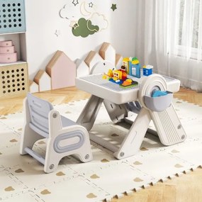 Conjunto de mesa e cadeira para crianças 6 em 1 Multi-atividade Cavalete dobrável para crianças com superfície reversível e ranhura Cinzento