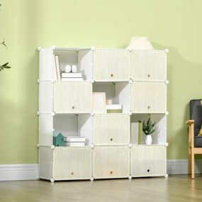 Armário Modular de Plástico Armário com 12 Cubos Organizadores de Sapatos Roupas Brinquedos 125x32x125cm Branco e Natural