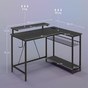 Secretária de canto reversível, secretária para computador com LED, 2 tomadas e 2 portas USB e cesto ajustável, 107 x 80 x 90 cm, preto