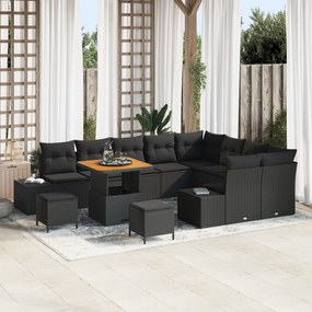 Conjunto de Sofás de Jardim vidaXL 12 Peças com Almofadas Preto Vime PE Acácia