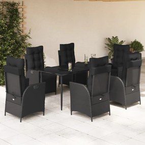vidaXL 7 pcs conjunto de jantar p/ jardim c/ almofadões vime PE preto