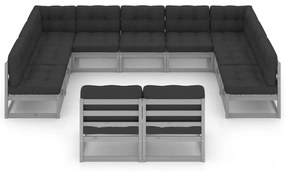 11 pcs conj. lounge jardim c/ almofadões pinho maciço cinzento