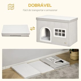 Casa Dobrável para Gatos Caverna para Gatos com Almofadas de Pelúcia Suave Tampa Removível 2 Entradas e Janela 71x42x49cm Cinza Claro