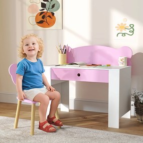 Secretária para Crianças com Cadeira em Forma de Ursinho Secretária Infantil com Gaveta para Estudar Ler e Desenhar Branco e Rosa
