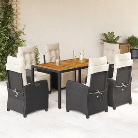 7 pcs conjunto de jantar p/ jardim c/ almofadões vime PE preto