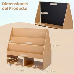 Estante infantil móvel com quadro negro  90 x 45,5 x 87 cm, 3 prateleiras e 2 compartimentos abertos, para arrumação no quarto crianças cor natural