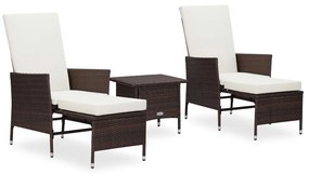vidaXL 3 pcs conjunto lounge jardim c/ almofadões vime PE castanho