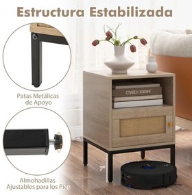 Conjunto de 2 mesas de cabeceira em rattan com porta e prateleira para quarto ou sala de estar 40 x 40 x 57 cm Natural