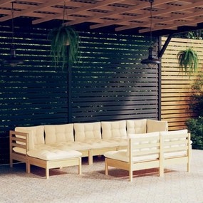 vidaXL 9 pcs conjunto lounge de jardim c/ almofadões cor creme pinho
