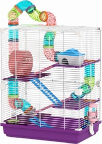 Gaiola para hamster de 4 andares com túneis, comedouro, roda, casinha e escadas – 46 x 30 x 58 cm – roxa