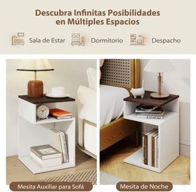 Conjunto 2 mesas de cabeceira 33 x 33 x 50 cm em forma de S com 2 compartimentos abertos, branca e cor nogueira