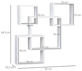 Estante de Parede com 4 Cubos Estante Flutuante de Madeira para Sala de Estar Dormitório Entrada Estúdio Estilo Moderno 65x10,2x64,5cm Branco