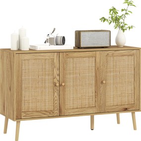 Aparador de sala de estar 120 x 40 x 75 cm com armários com portas em rattan e prateleira ajustável, em madeira natural