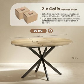Mesa de jantar oval extensível para 4 a 6 pessoas, mesa de cozinha com extensão de 100-135 cm (CADEIRAS NÃO INCLUIDAS), com efeito de madeira natural