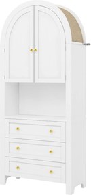 Armário alto com arco de arrumação com 3 gavetas, portas e prateleira expositora aberta, para cozinha e sala, 70x35x180 cm, Branco
